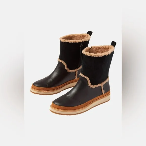 TOMS Makenna Black Leather Mid-Cath Shearling Boots Women’s 6 Style #10014172 - Picture 1 of 16